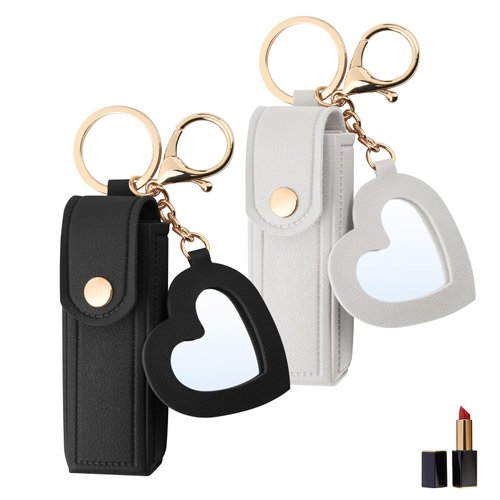Beautyflier Pack of 2 Lipstick Organizer Keychain Chapstick Case with Mirror for Women, Portable Lipstick Leather Holder Lip Gloss Bag Lip Balm Case for Travel, Party, Holiday Gifts (Black+White)