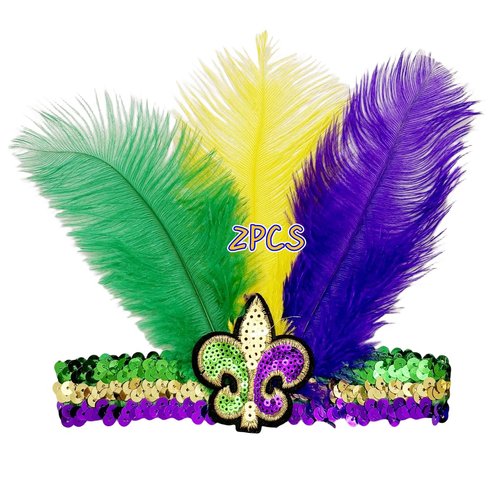 XKTEI 2pcs Feather Headdress,Mardi Gras Headband,Sequin Headband for Masquerade Mask Party,Carnival Party Headwear,Costume Decoration,for Kids and Women (Multicolor)