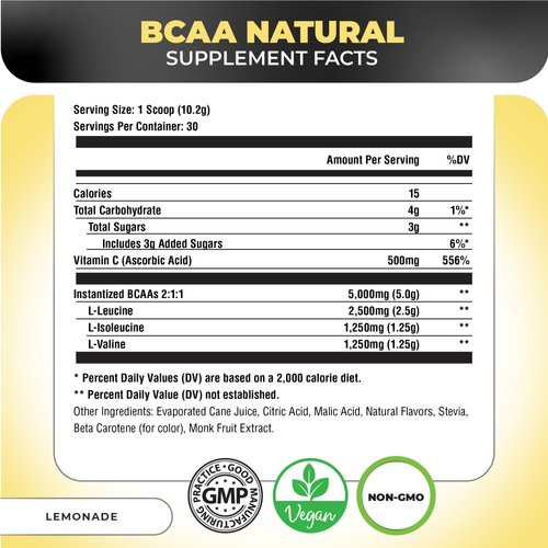 Nutrology BCAA Natural, Plant Based BCAA Powder, Lemonade Flavor, Optimized 2:1:1 Ratio Amino Acids Powder, Post Workout Recovery Drink Vegan BCAA Powder, Gluten-Free, Non-GMO, 30 Servings