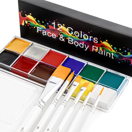 SOVONCARE Oil Based Face Paint Kit, Professional Face and Body Paint 12 Colors, Face Painting Makeup Palette with 6 Brushes, Non Toxic Safe for Halloween Cosplay SFX Party Special Effects Makeup