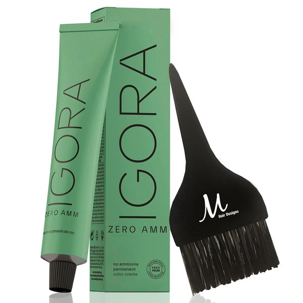Igora Zero AMM Hair Color 4-13 Medium Brown Cendre Matte | No Ammonia Permanent Color Creme 2.1 oz and M Hair Designs Tint Brush