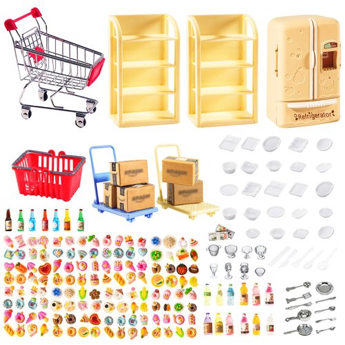 246 Pcs Mini Shopping Cart Refrigerator with Mini Food Set Mini Fridge Courier Box Metal Supermarket Shopping Cart Basket Miniature Food Drink Bottle for Miniature Kitchen Accessories Decorations