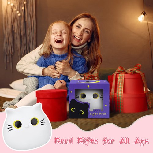 JIZWPOOM Piggy Bank, Cute Cat Piggy Bank Cat Money Saving Box for Kids, Coin Piggy Bank Coin Bank Box Unbreakable Piggy Bank Toy Gifts for Adults Boys Girls Birthday (White, 7 Inch)