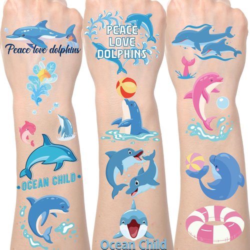 Lovarywow Dolphin Temporary Tattoos Stickers - 200+ Dolphin Temporary Tattoo Kids Ocean Animals Themed Party Decorations Sea Themed Party Fevors Cute Temporary Tattoos Party Supplies Rewards Prizes
