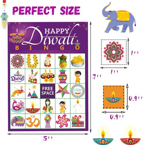 ViLeo Diwali Games Diwali Decoration Diwali Bingo for Adults Kids Diwali Party Games 24 Players Diwali Activities Diwali Bingo Cards for Family Activities Indian New Year Party Supplies Favors