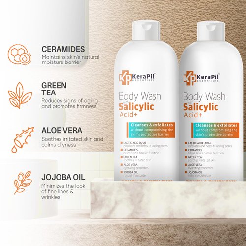 Exfoliating Body Wash With Salicylic Acid - Gentle Exfoliates Rough and Bumpy Skin, KP and Acne, with BHA & AHA - Unscented Body Wash, Made in USA - (16 fl oz)