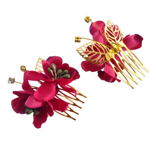 Hawaii Wedding Bridal Headpiece Hair Side Combs, Red Artificial Rose Flower Hairclip with Teeth, Floral Hair Bows Pins Barrettes for Women Holiday Party (2 Pack)
