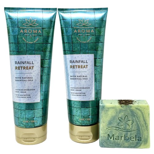 Bath & Body Works Aroma Rainfall Retreat 2 Pack Body Cream Value Pack with a Fresh Forest Bar Soap - Full Size