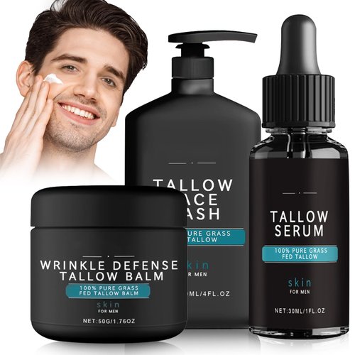 Wrinkle Defense Tallow Balm,Skin Care for Men,3 In 1 Mens Face Care Set (Tallow Cream+Tallow Night Serum+Face Wash),Natural Tallow Moisturizer For Face, Reduce Fine Lines And Wrinkles