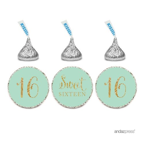 Andaz Press Gold Glitter Print Chocolate Drop Labels Stickers, Sweet 16 Birthday, Mint Green, 216-Pack, Not Real Glitter, for Kisses Party Favors