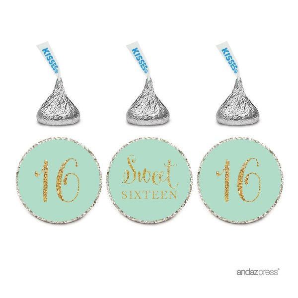 Andaz Press Gold Glitter Print Chocolate Drop Labels Stickers, Sweet 16 Birthday, Mint Green, 216-Pack, Not Real Glitter, for Kisses Party Favors