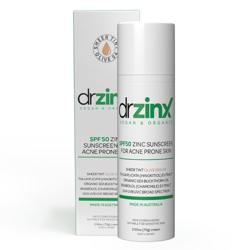 Dr ZinX Organic Mineral Sunscreen for Acne Prone Skin SPF50, OLIVE Tint, Zinc + Hinokitiol (Cedar Oil)