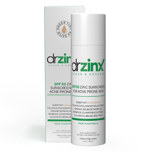 Dr ZinX Organic Mineral Sunscreen for Acne Prone Skin SPF50, OLIVE Tint, Zinc + Hinokitiol (Cedar Oil)