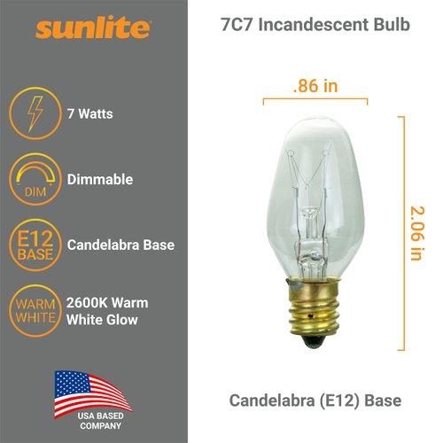 Sunlite 01280 7C7 Incandescent Bulb, 7 Watt, Candelabra E12 Base, C7 Small Night Light, Colored Bulb, Clear, 25 Count