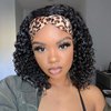 LEOSA Afro Kinky Headband Wig Short Afro Kinky Curly Wigs for Black Women Synthetic Deep Wave Glueless Wigs with Headband Attached Black Curly Headband Wig Half Wigs for Black Women Scarf Wig