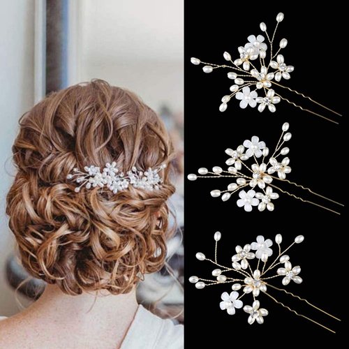 Sppry Wedding Hair Pins (3 Pcs) - Elegant Pearl Floral Crystal Hair Accessories for Bridal Women (Rose Gold)