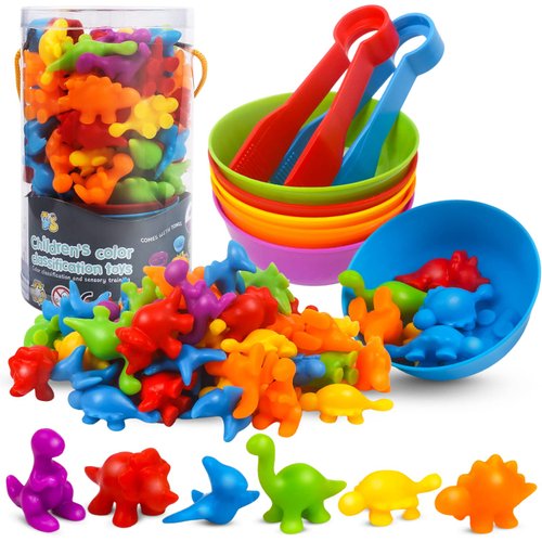 GKDOMS Counting Dinosaurs Toys Matching Game with Sorting Bowls Preschool Learning Activities Montessori Sensory Toys for Math Color Sorting, Party Favors Birthday Gifts for Kids Toddlers