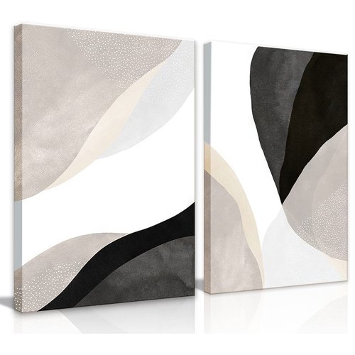 Modern Boho Canvas Wall Art Set of 2 - Minimalist Abstract Beige Black and White Neutral Textured Wall Art for Living Room, Dining Room, Office, Bathroom, Bedroom - Framed 16x24 in