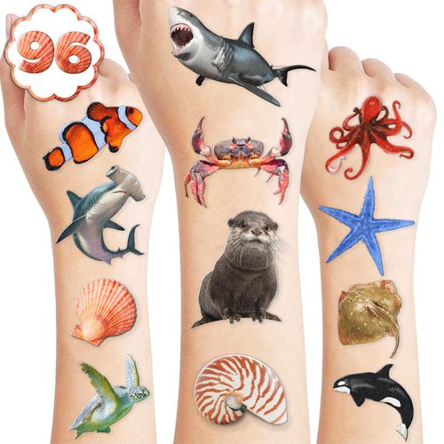 Generic Ocean Sea Animal Temporary Tattoos Sticker for Kids Birthday Party Supplies Decorations Party Favors Tattoo Realistic Under The Sea Themed Cute Kids Boy Gifts Ideal School Prizes Rewards