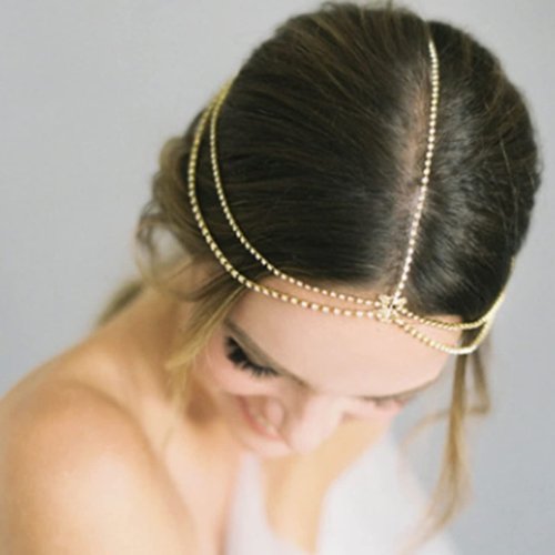 Jumwrit Dainty Layered Rhinestone Head Chain for Teens Bohemian Forehead Bridal Headpiece Wedding Hair Accessories for Women and Girls(Gold）