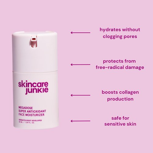 Skincare Junkie Megadose Super Antioxidant Face Moisturizer for oily, acne-prone, normal, sensitive, and combination skin, Dermatologist developed, 1.7 OZ
