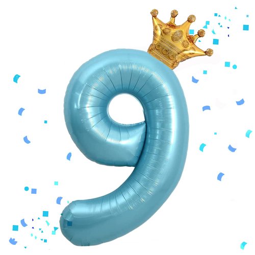 40 Inch Blue Number 9 & Mini Crown Balloon for Birthday Party Decorations, 9th Birthday Party Decorations Blue Theme Party Balloons Decorations Supplies