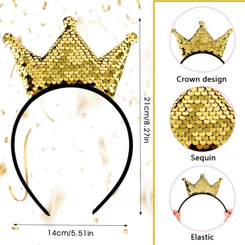 Dimeho Sequins Crown Headband, Princess Crowns Glitter Headbands Shiny Gold Hair Hoop Women Hair band Accessories Elastic Hair Decoration Christmas Birthday Party Favors Tiaras Supplies
