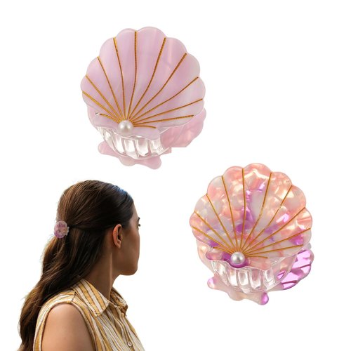 Firopia 2pcs Seashell Claw Clip for Women | Medium Seashell Hair Clip with Pearl | Summer Beach Hair Accessories for Women （Pink&Purple）