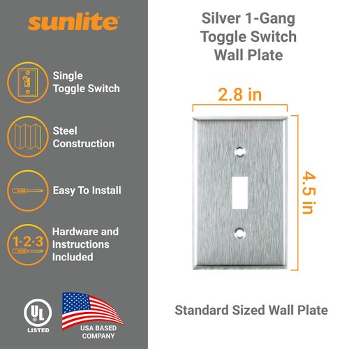 Sunlite 1-Gang Toggle Switch Plate, Steel, Standard 4.5 in X 2.8 in Size, Matching Screws Included, UL Listed 12 Pack