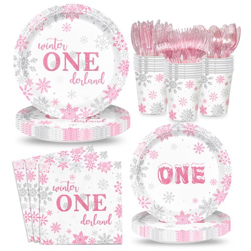168pcs Winter Onederland Party Supplies Pink and Silver Snowflake Plates Napkins Disposable Tableware Set Paper Cups Winter Onederland 1st Birthday Party Supplies for Girls Birthday Party Serves 24
