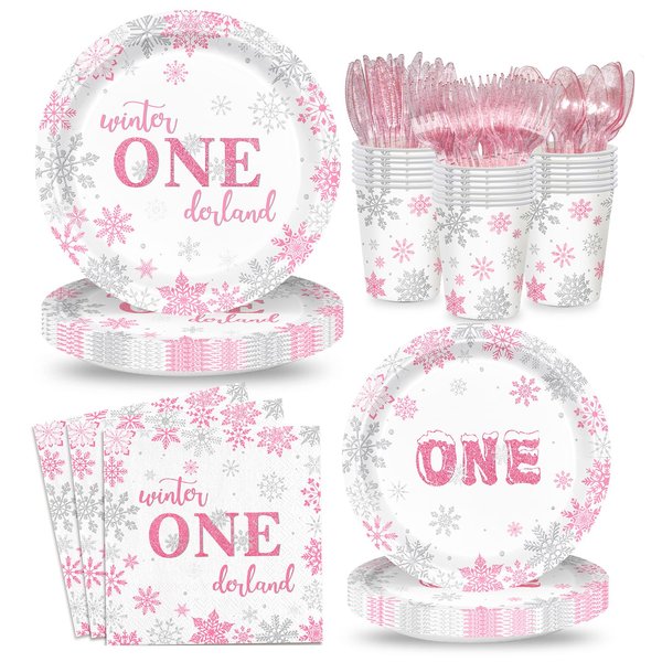 168pcs Winter Onederland Party Supplies Pink and Silver Snowflake Plates Napkins Disposable Tableware Set Paper Cups Winter Onederland 1st Birthday Party Supplies for Girls Birthday Party Serves 24