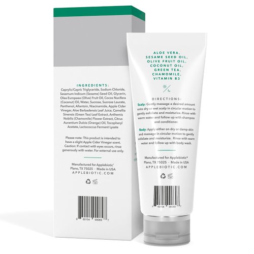 Applebiotic Scalp and Body Scrub - Body, Hair & Face Scrub with Sugar, Green Tea & Coconut Oil to clarify & remove product buildup, 6 oz