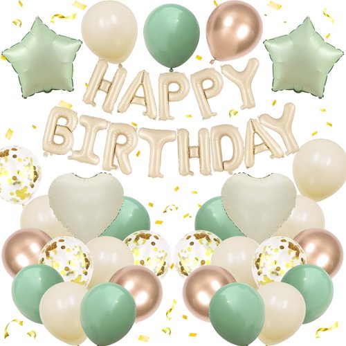 Sage Green Birthday Decorations for Men Women Boys Girls,Sage Green Beige Gold balloons Happy Birthday Balloons Banner Confetti Balloons for Birthday Baby Shower Party Decorations