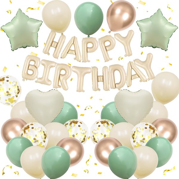Sage Green Birthday Decorations for Men Women Boys Girls,Sage Green Beige Gold balloons Happy Birthday Balloons Banner Confetti Balloons for Birthday Baby Shower Party Decorations