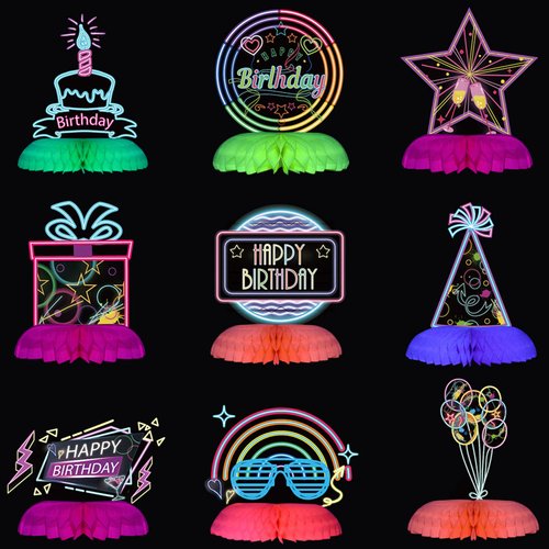 9 Pcs Glow Party Birthday Centerpieces Neon Birthday Decorations Fluorescent Birthday Table Decor...