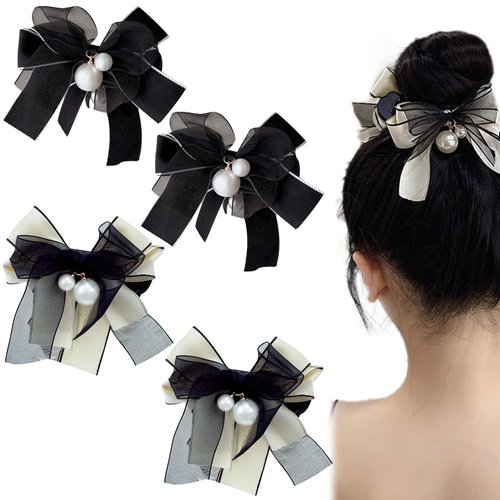 4 Pcs Bow Pearl Hair Clips White Black Ribbon Bowknot Hair Claws Ponytail Holder Headwear Accesso...