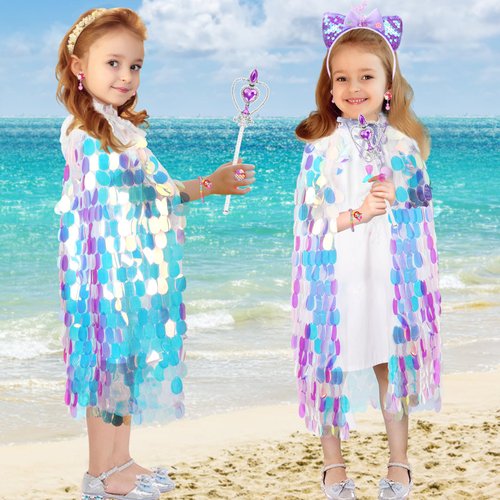 Princess Dress Up for Girls 4-6, Mermaid Toddler Toys for Ages 3-8, 8 Pcs Shiny Sequin Princess Cape Set Kids Toys, Princess Girl Toys for Easter Halloween Birthday Christmas Gifts Party Favors