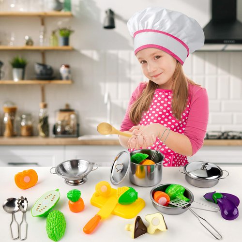 Juboury Kitchen Pretend Play Toys with Stainless Steel Cookware Pots and Pans Set, Cooking Utensils, Apron & Chef Hat, Cutting Vegetables for Kids, Girls, Boys, Toddlers