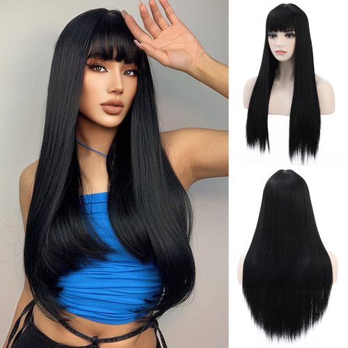 BERON Black Wigs Straight Long Hair Wigs with Bangs Women Fashion Heat Resistant Synthetic Natural Looking Wig for Cosplay Party or Daily Use