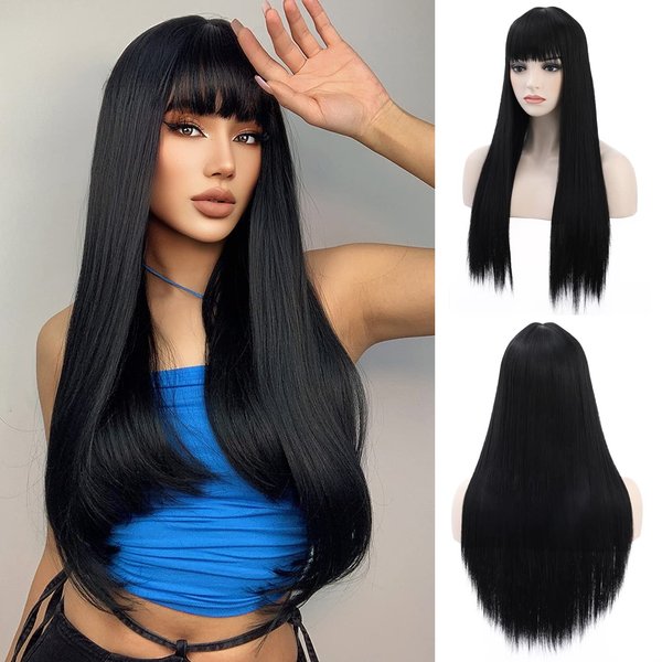 BERON Black Wigs Straight Long Hair Wigs with Bangs Women Fashion Heat Resistant Synthetic Natural Looking Wig for Cosplay Party or Daily Use