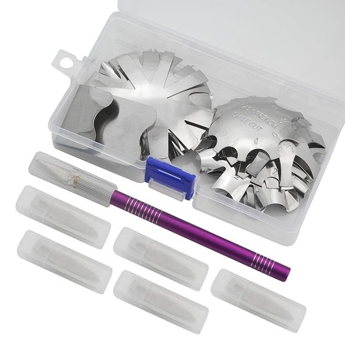 XINMEIWEN 12Pcs French Nail Trimmer Stainless Steel French Tip Cutters Smile Line Cutter DIY Plate Module with 1 Handles French Tip Cutting Knife and 25 Spare Knife for Acrylic Nail (Silver)