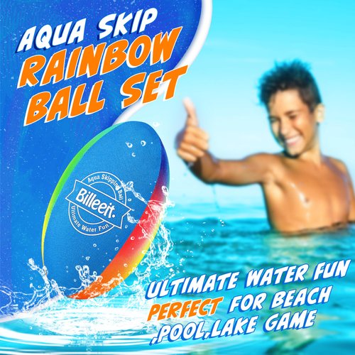 Billeeit Water Skipping Balls Set for Pool Play, Include 1 Rugby, 2 Balls and 2 Discs, Rainbow Color Splash Water Bouncing Balls, Fun Beach Toys & Games for Kids 3+ 4-8-12 and Adults