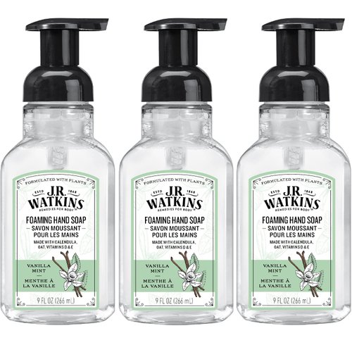 J.R. Watkins Foaming Hand Soap Pump with Dispenser, Moisturizing All Natural Hand Soap Foam, Alcohol-Free, Cruelty-Free, USA Made, Use as Kitchen or Bathroom Soap, Vanilla Mint, 9 fl oz, 3 Pack