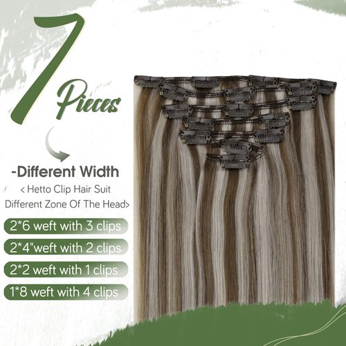 Hetto Clip in Hair Extensions Real Human Hair Light Brown Highlighted Blonde Clip in Hair Extensions Natural Human Hair Extensions Clip ins Full Head Remy Hair 7pcs 14 Inch 120g