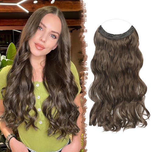 FESHFEN Invisible Wire Hair Extensions Secrets Hair Extensions With Wire Synthetic Adjustable Curly Hair Long Wavy Secret Hairpieces for Women 18 Inch, Chestnut Brown