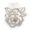 Bridal/Wedding/Prom/Party Rhodium Plated Clear Austrian Crystal Sculptured Rose Hair Comb - 55mm