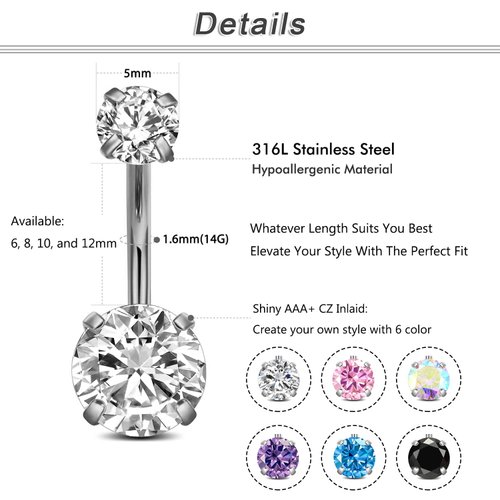 Incaton 14G Belly Button Ring Surgical Stainless Steel Round Cubic Zirconia Navel Barbell Belly Rings For Women 6/8/10/12mm 1S12
