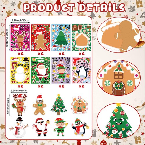 32 Sheets Christmas Stickers, Make Your Own Christmas Stickers, Creative Game Stickers for Kids Christmas Party Favors, DIY Art Crafts Supplies