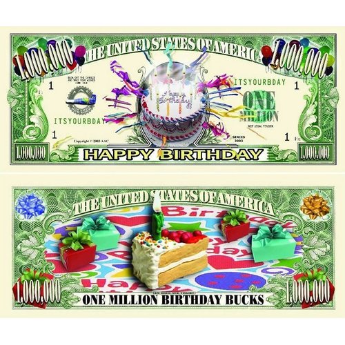 10 Happy Birthday Million Dollar Bills with Bonus “Thanks a Million” Gift Card Set