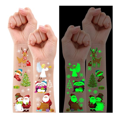 Partywind Glow Christmas Party Decorations, Luminous Christmas Temporary Tattoos for Kids Stocking Stuffers, Xmas Holiday Decorations Party Favors Supplies Games for Boys and Girls (4 Sheets)